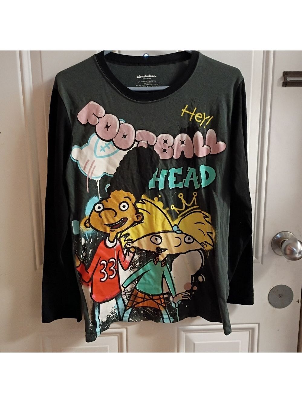 2/$10 Nickelodeon Black And Grey Multi-Color Hey Arnold Football Head Tee